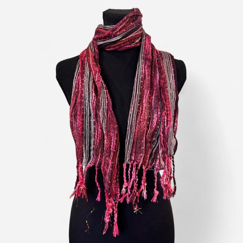 Y2K Pink, white, and gray striped scarf with fringe